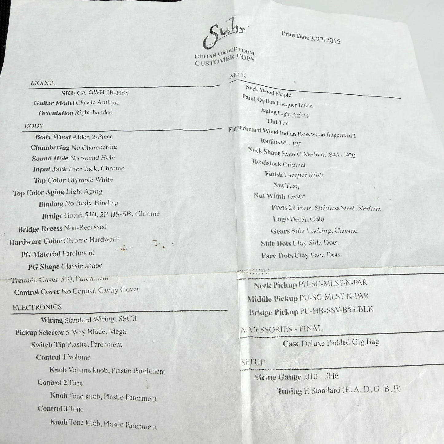 2015 Suhr Classic S Antique HSS - Olympic White