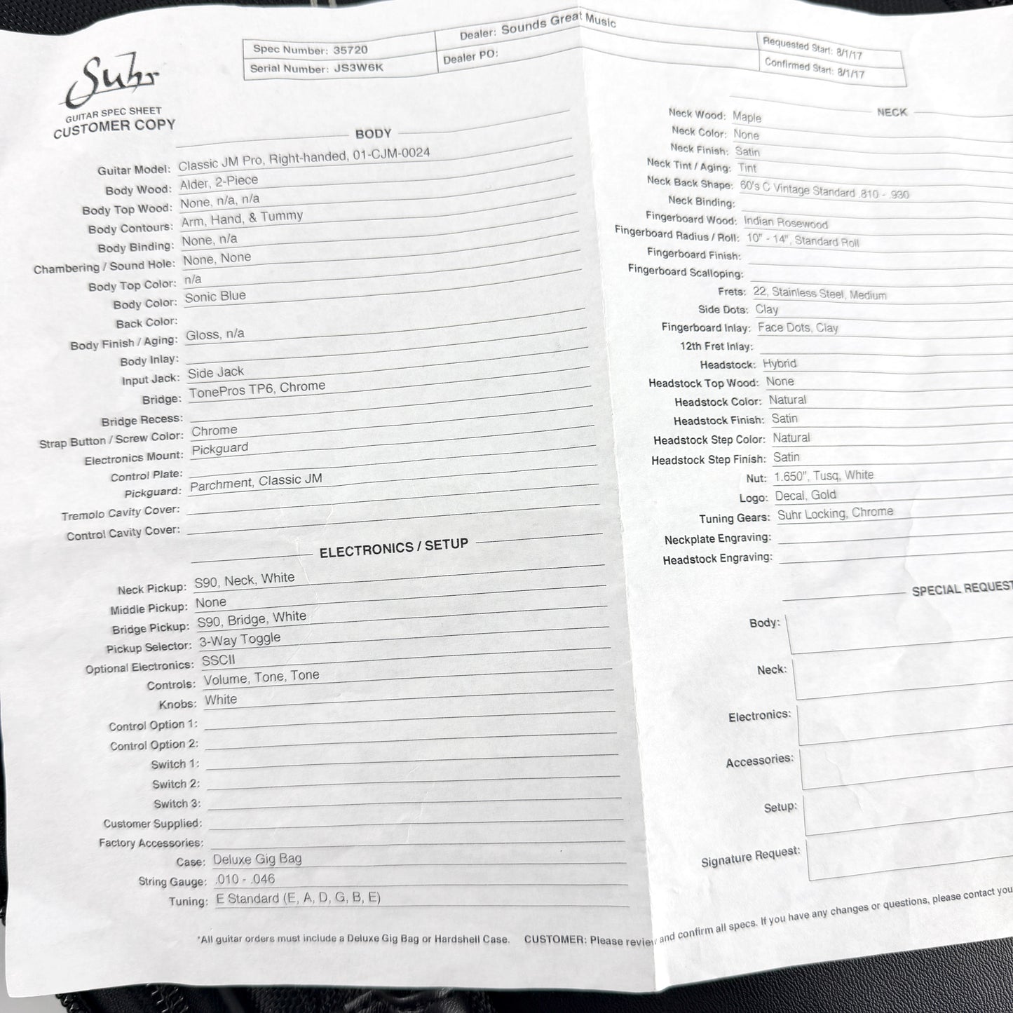2017 Suhr Classic JM Pro – Sonic Blue