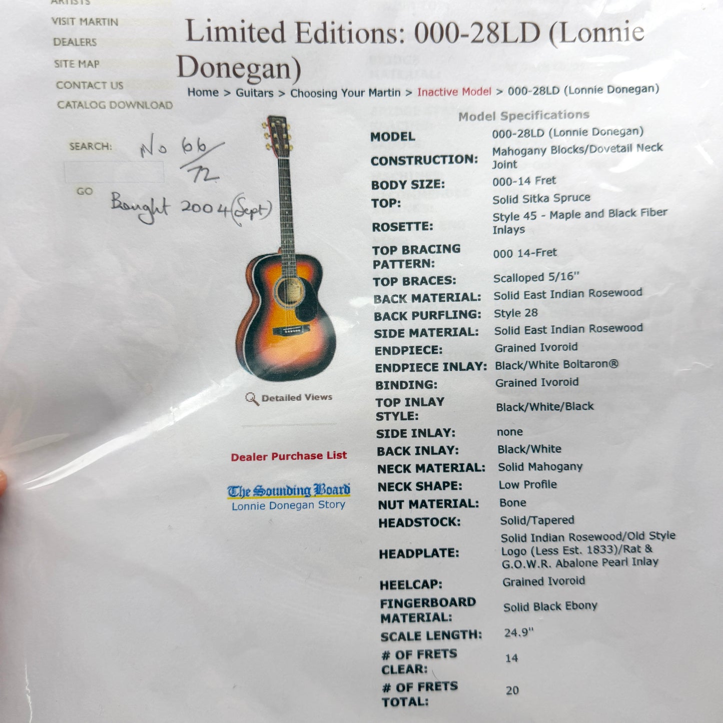 2003 Martin Lonnie Donegan Limited Edition 000-28LD - Sunburst