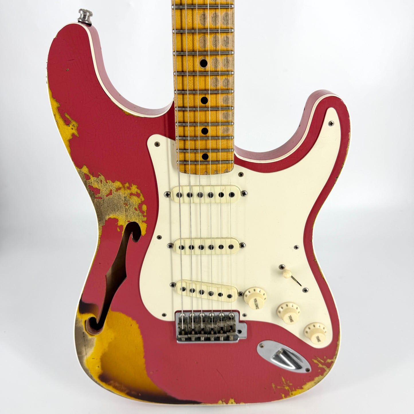 2018 Fender Custom Shop NAMM Ltd Edition '56 Thinline Stratocaster Heavy Relic – Coral Red over Sunburst