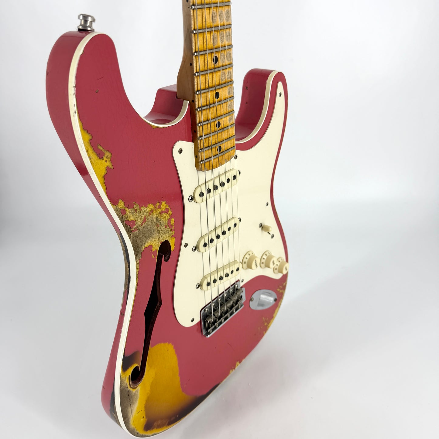 2018 Fender Custom Shop NAMM Ltd Edition '56 Thinline Stratocaster Heavy Relic – Coral Red over Sunburst