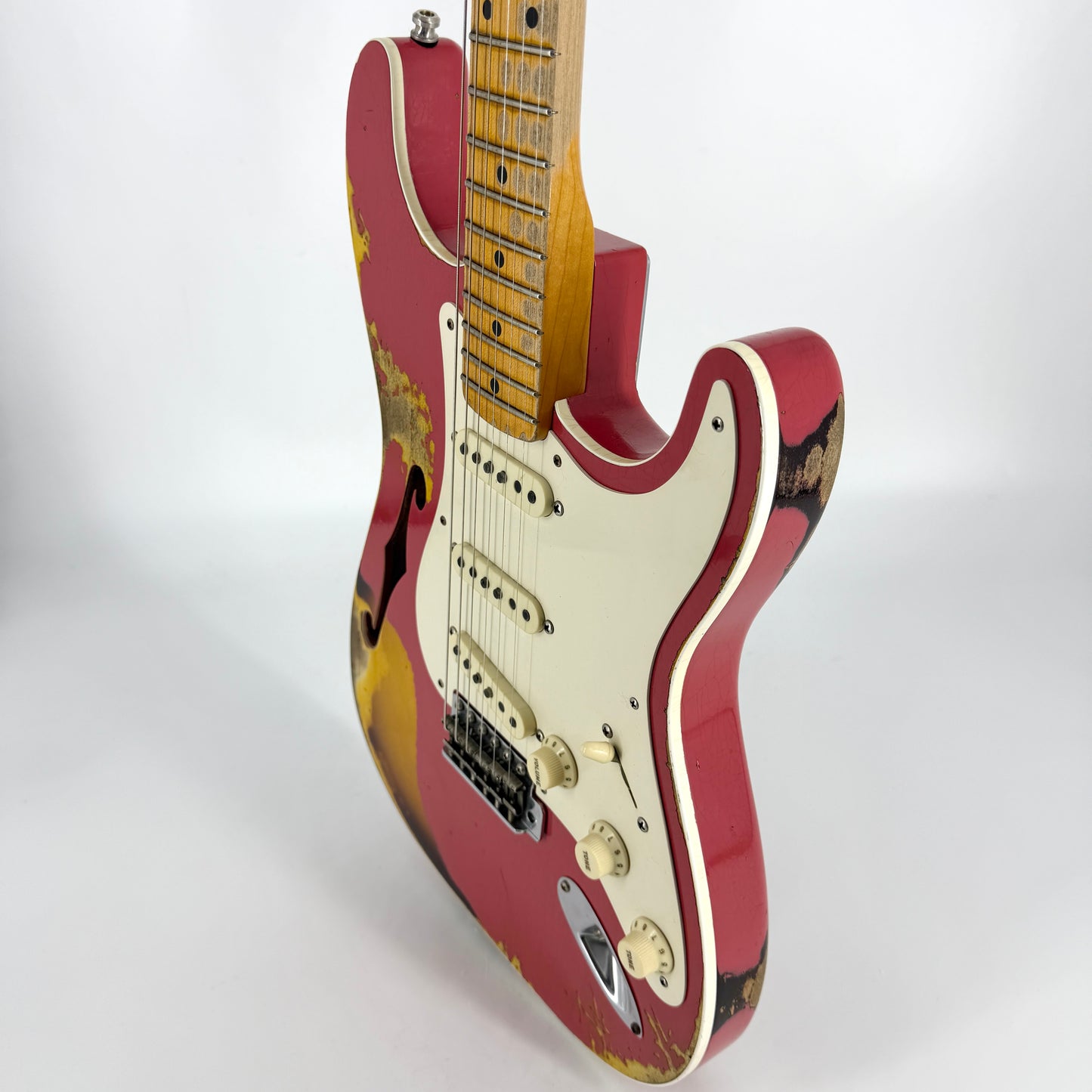 2018 Fender Custom Shop NAMM Ltd Edition '56 Thinline Stratocaster Heavy Relic – Coral Red over Sunburst