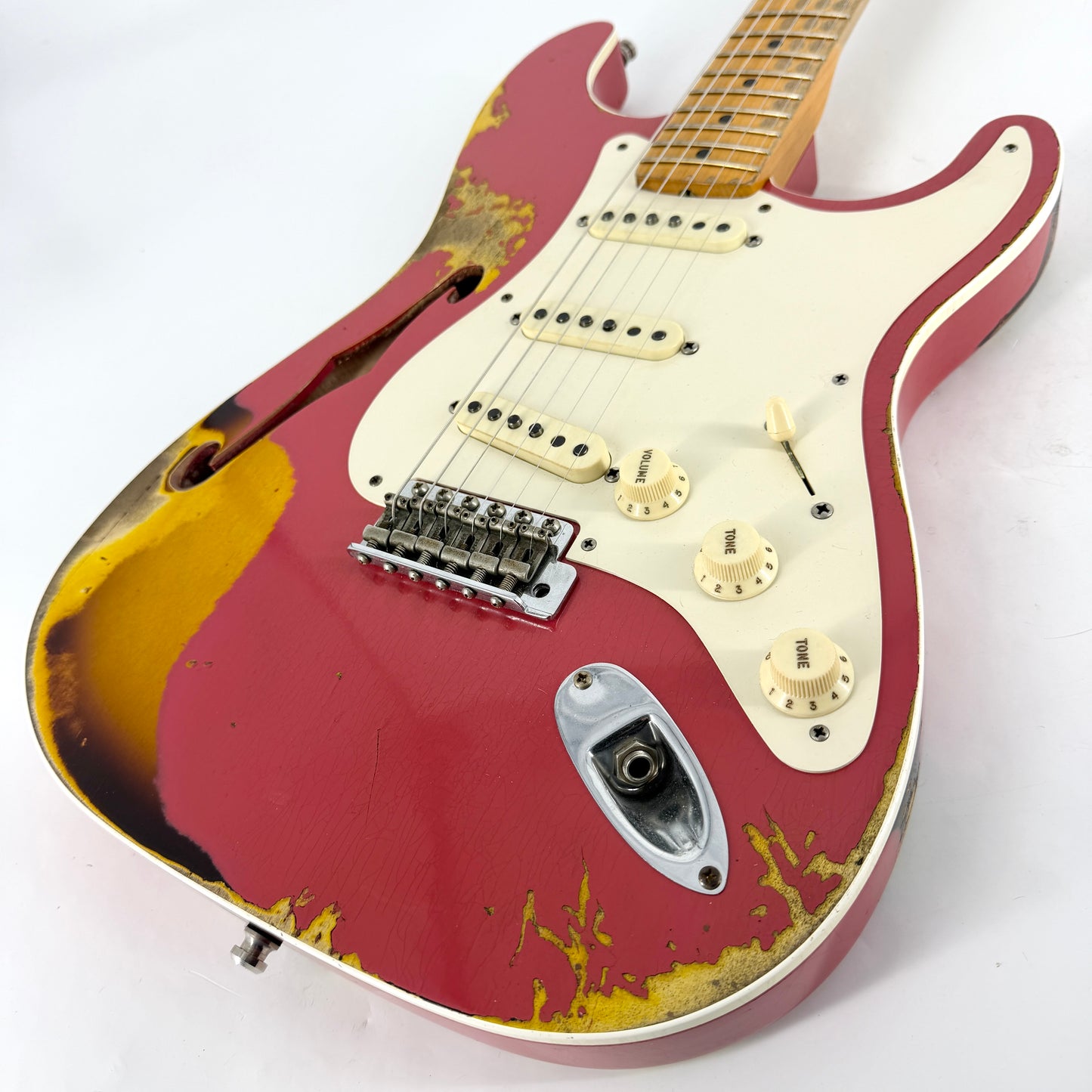2018 Fender Custom Shop NAMM Ltd Edition '56 Thinline Stratocaster Heavy Relic – Coral Red over Sunburst
