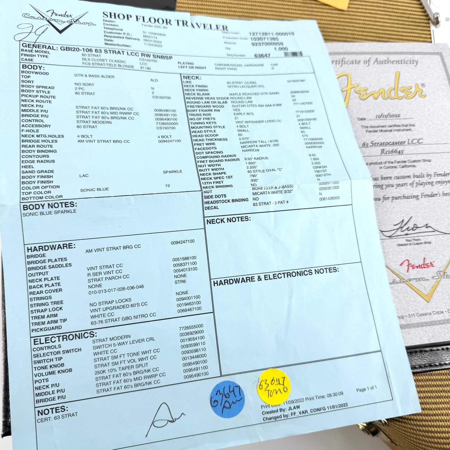 2022 Fender Custom Shop ’63 Lush Closet Classic Stratocaster – Sonic Blue Sparkle